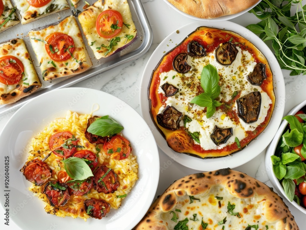 An assortment of delicious Italian dishes featuring pizza, pasta, and fresh ingredients. An assortment of delicious Italian dishes featuring pizza, pasta, and fresh ingredients.