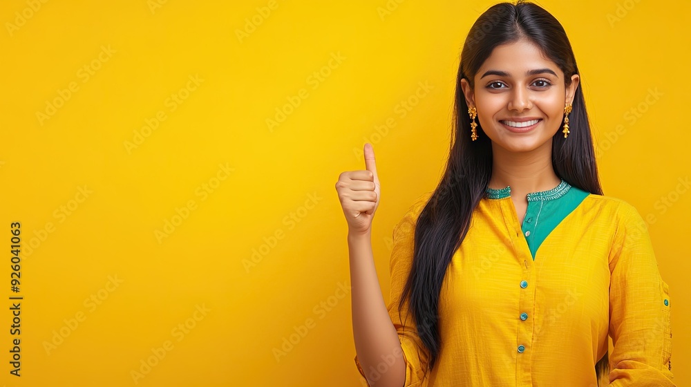 Indian woman with a joyful expression, giving a thumbs up and pointing right to a blank area, ideal for promotional text. Yellow background. Indian woman with a joyful expression, giving a thumbs up and pointing right to a blank area, ideal for promotional text. Yellow background.