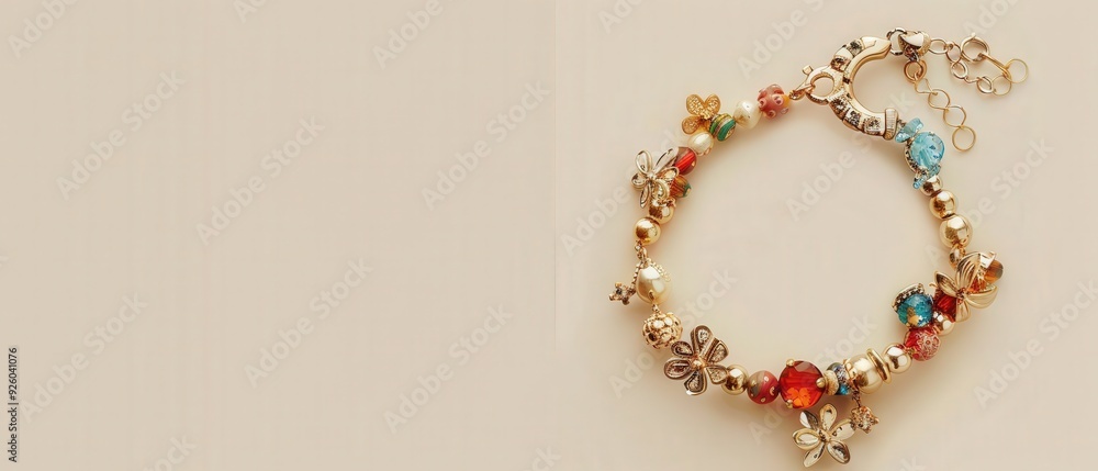 A colorful bracelet with beads and charms on it A colorful bracelet with beads and charms on it