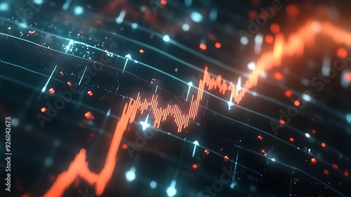 Abstract glowing orange line graph rising on a dark blue digital background.