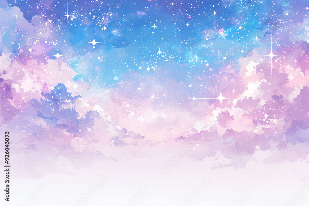 Watercolor pastel blue purple sky with clouds and stars