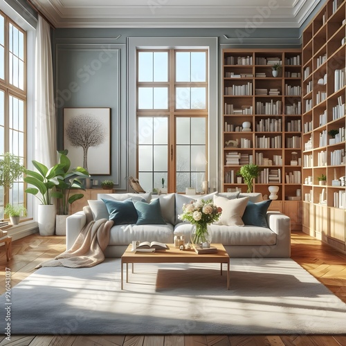 Modern Living Room with Large Windows, Bookshelves, and a Cozy Sofa