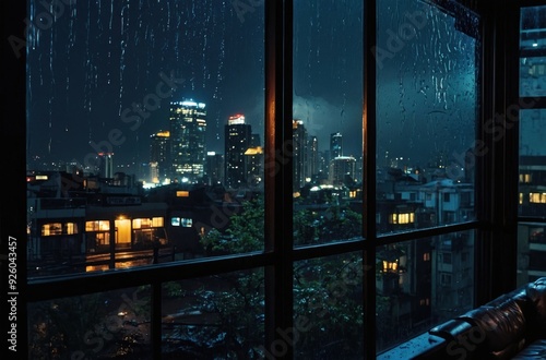 rainy view from window in the night