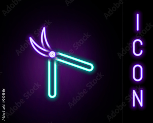 Glowing neon line Gardening handmade scissors for trimming icon isolated on black background. Pruning shears with wooden handles. Colorful outline concept. Vector