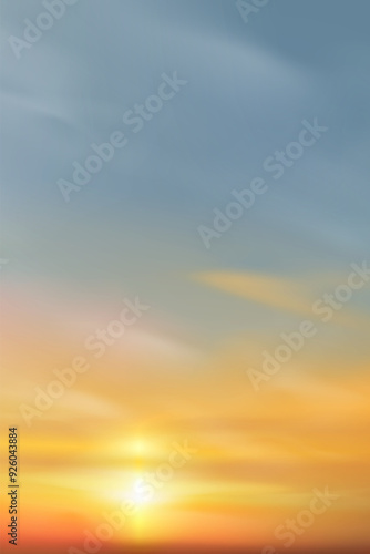 Sunset,Sky Cloud Background,Sunrise with Yellow,Orange,Blue Sky,Vertical Nature Landscape Dramatic Golden Hour with twilight Sky in Evening after Sun Dawn,Vector Horizon Spring sundown by Sea Beach