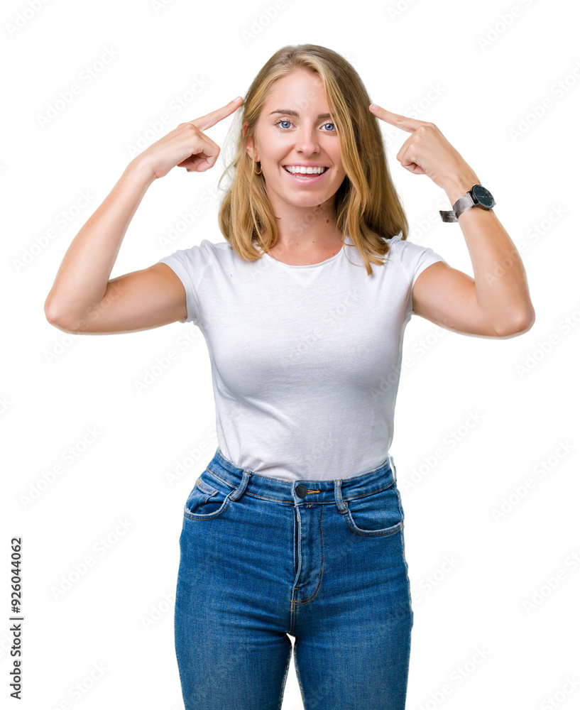 Beautiful young woman wearing casual white t-shirt over isolated background Smiling pointing to head with both hands finger, great idea or thought, good memory Beautiful young woman wearing casual white t-shirt over isolated background Smiling pointing to head with both hands finger, great idea or thought, good memory