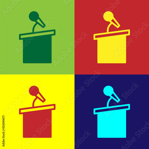 Pop art Stage stand or debate podium rostrum icon isolated on color background. Conference speech tribune. Vector