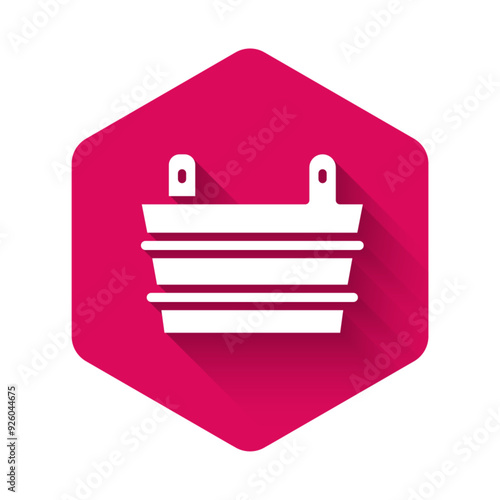 White Sauna bucket icon isolated with long shadow background. Pink hexagon button. Vector