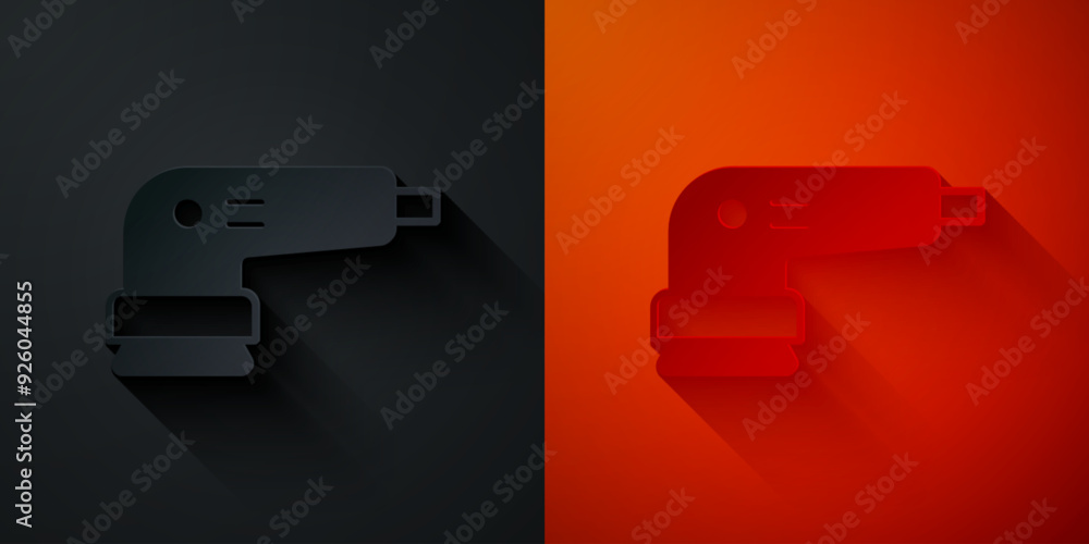 Paper cut Electric sander icon isolated on black and red background. Orbital sander. For floor and wooden planks sanding sandpaper. Paper art style. Vector