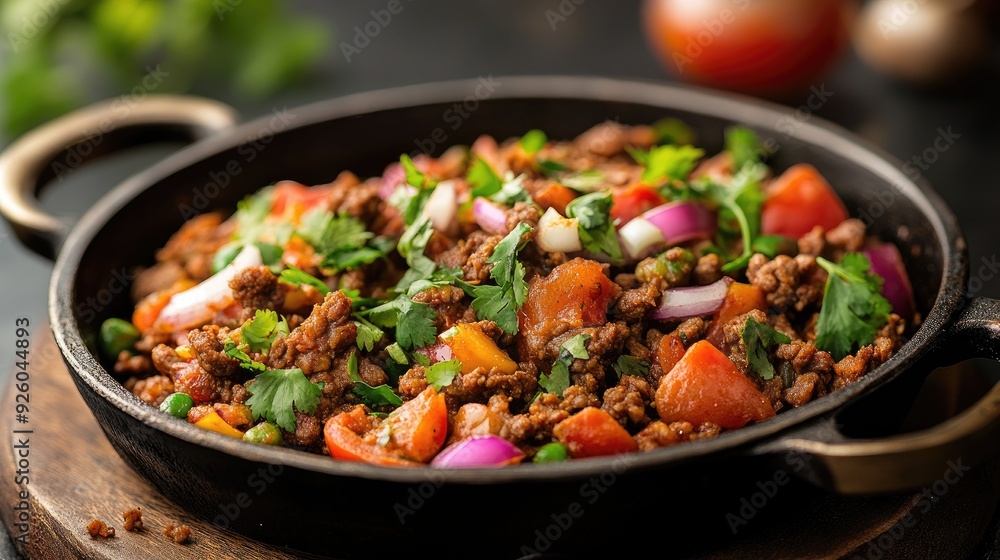 Spicy ground meat stir fry with vegetables. Perfect for illustrating a recipe for a flavorful and easy-to-make meal. Spicy ground meat stir fry with vegetables. Perfect for illustrating a recipe for a flavorful and easy-to-make meal.