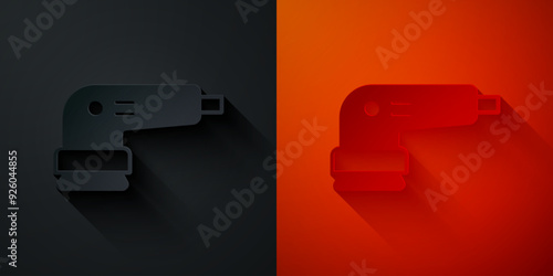 Paper cut Electric sander icon isolated on black and red background. Orbital sander. For floor and wooden planks sanding sandpaper. Paper art style. Vector