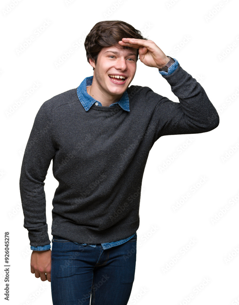 Young handsome elegant man over isolated background very happy and smiling looking far away with hand over head. Searching concept. Young handsome elegant man over isolated background very happy and smiling looking far away with hand over head. Searching concept.