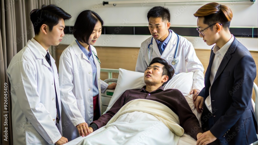a female doctor and two male doctors treat a young man a female doctor and two male doctors treat a young man