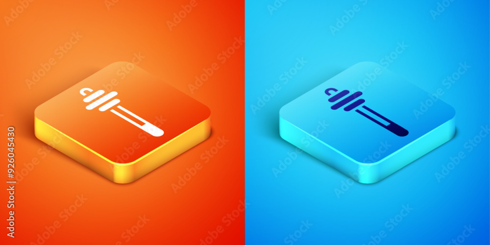 Isometric Honey dipper stick icon isolated on orange and blue background. Honey ladle. Vector Isometric Honey dipper stick icon isolated on orange and blue background. Honey ladle. Vector
