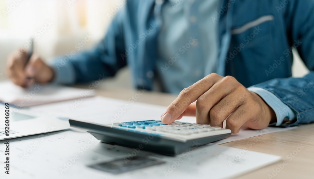 Close up hand of stress young asian businessman,male is pressing a calculator to calculate tax income and expenses, bills, credit card for payment or payday at home, office.Financial, finance concept. Close up hand of stress young asian businessman,male is pressing a calculator to calculate tax income and expenses, bills, credit card for payment or payday at home, office.Financial, finance concept.