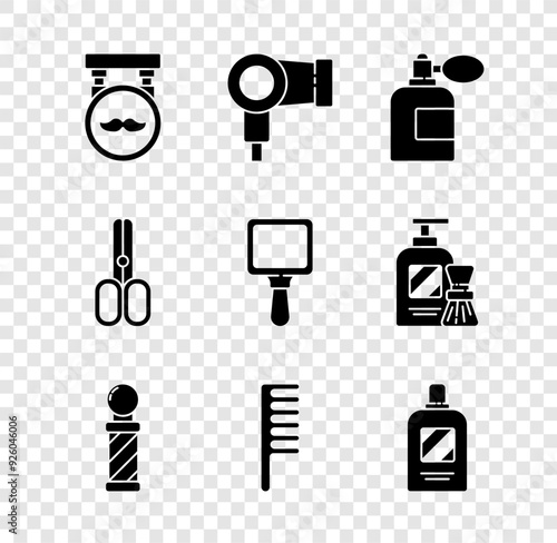 Set Barbershop, Hair dryer, Aftershave bottle with atomizer, Classic pole, Hairbrush, Bottle of shampoo, Scissors hairdresser and Hand mirror icon. Vector