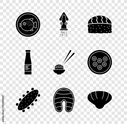 Set Puffer fish on a plate, Octopus, Sushi, Sea cucumber, Fish steak, Scallop sea shell, Sauce bottle and icon. Vector