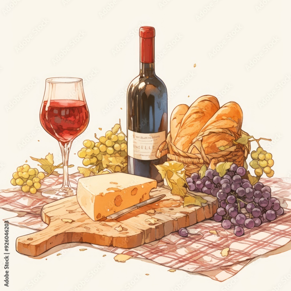 Watercolor Illustration of a Picnic Basket with Wine, Cheese, Grapes, and Bread Generated with Ai Watercolor Illustration of a Picnic Basket with Wine, Cheese, Grapes, and Bread Generated with Ai