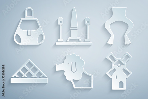 Set Poodle dog, Frog legs, Louvre museum, Windmill, Place De La Concorde and Handbag icon. Vector