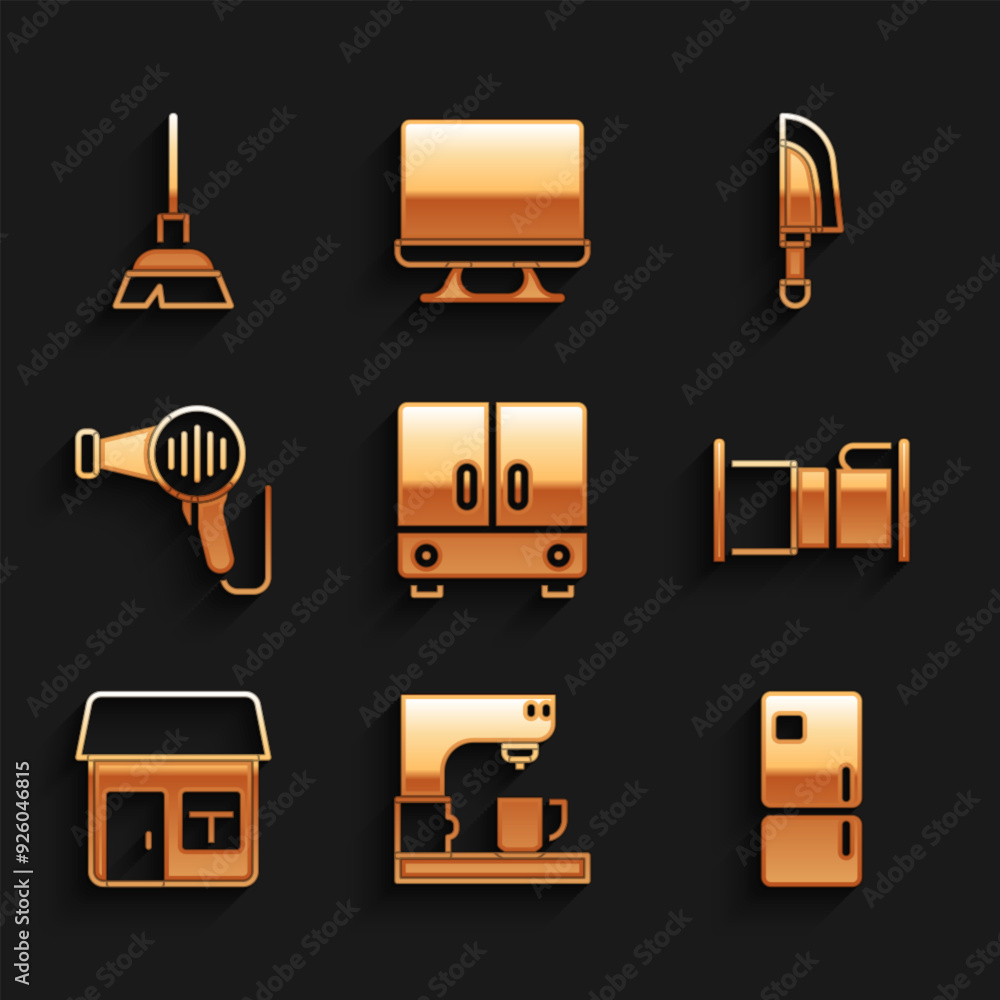Set Wardrobe, Coffee machine, Refrigerator, Bed, House, Hair dryer, Knife and Handle broom icon. Vector Set Wardrobe, Coffee machine, Refrigerator, Bed, House, Hair dryer, Knife and Handle broom icon. Vector