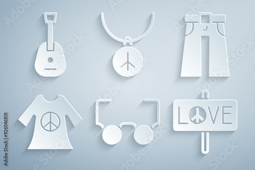Set Glasses, Jeans wide, Peace dress print stamp, Necklace with peace symbol and Guitar icon. Vector