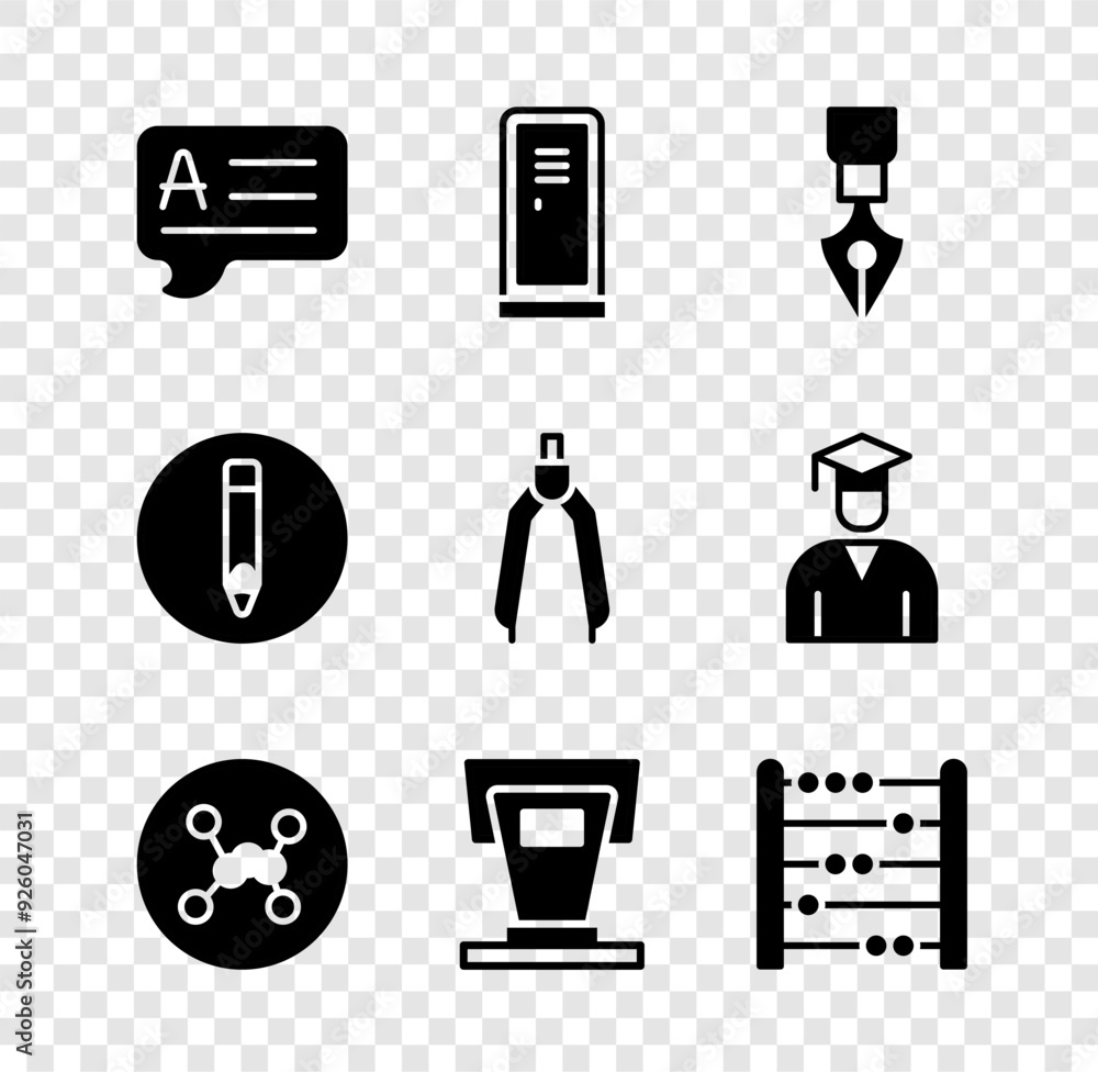 Set Speech bubbles with Answer, Locker or changing room, Fountain pen nib, Chemical formula, Stage stand, Abacus, Pencil and Drawing compass icon. Vector Set Speech bubbles with Answer, Locker or changing room, Fountain pen nib, Chemical formula, Stage stand, Abacus, Pencil and Drawing compass icon. Vector