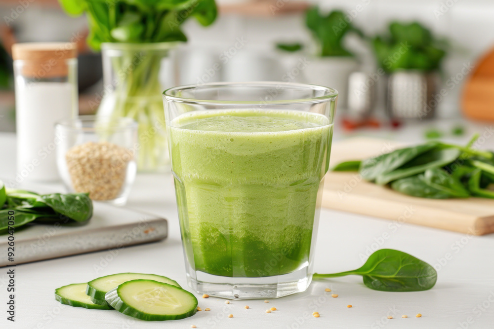 A glass of spinach vegetable juice, healthy drink vegan food A glass of spinach vegetable juice, healthy drink vegan food