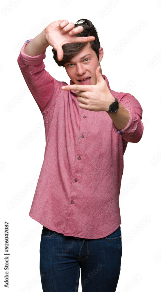 Fototapeta premium Young handsome business man over isolated background smiling making frame with hands and fingers with happy face. Creativity and photography concept.