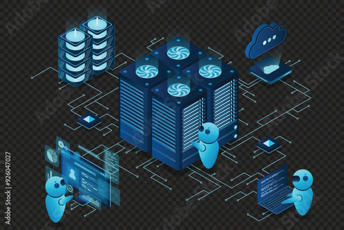 Data center and web hosting isometric concept. Сloud computing storage. Isometric server room rack. Vector illustration