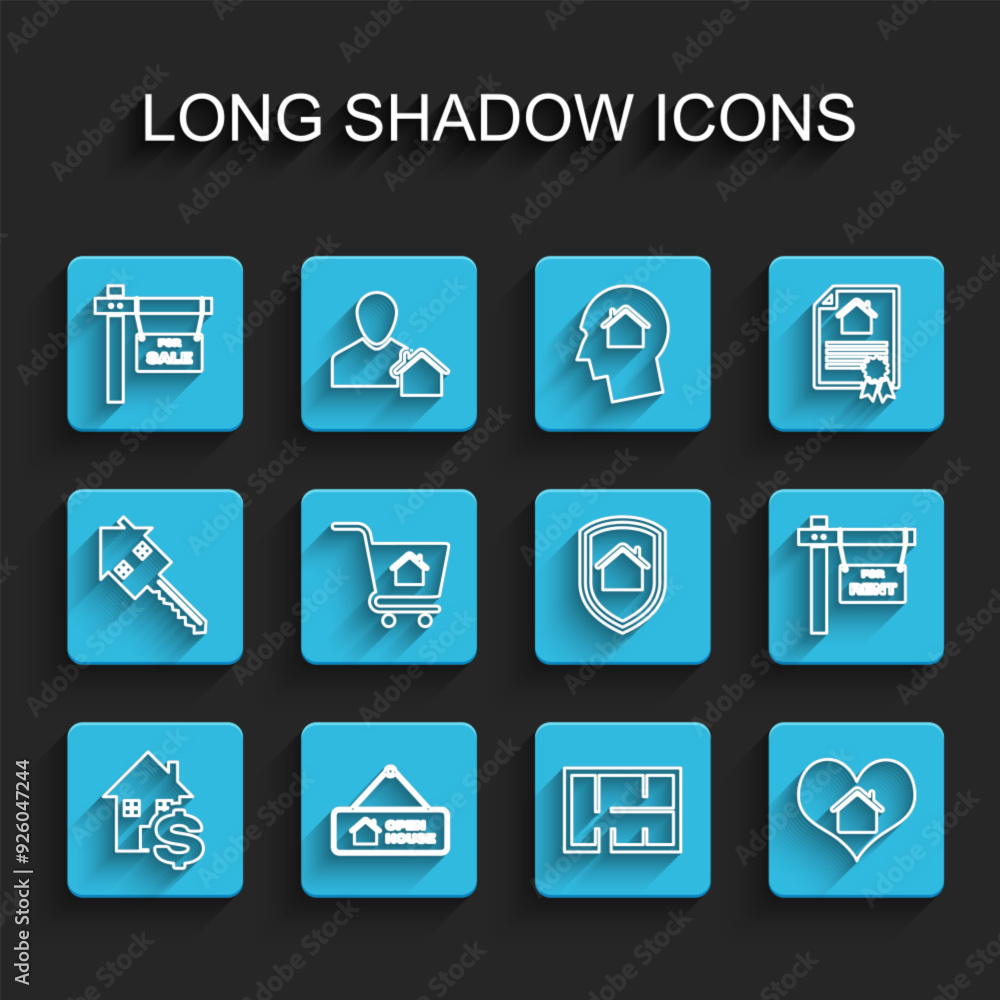 Set line House with dollar, Hanging sign Open house, For Sale, plan, heart shape, Shopping cart, Rent and under protection icon. Vector Set line House with dollar, Hanging sign Open house, For Sale, plan, heart shape, Shopping cart, Rent and under protection icon. Vector