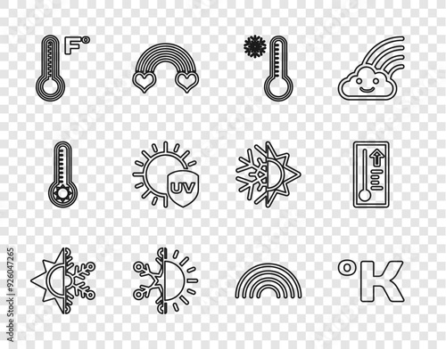 Set line Sun and snowflake, Kelvin, Meteorology thermometer, UV protection, Rainbow and icon. Vector