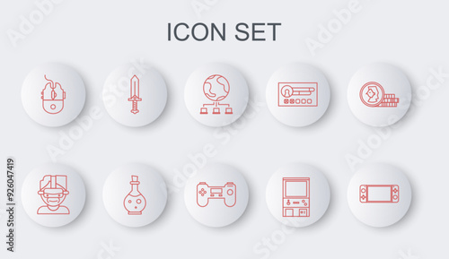 Set line Portable video game console, Virtual reality glasses, Computer network, Retro arcade machine, mouse gaming, Sword for, Bottle with magic elixir and Gamepad icon. Vector