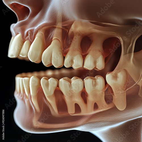 Closeup of a person's strained jaw, indicating chronic TMJ pain and ache, dental health issue. photo