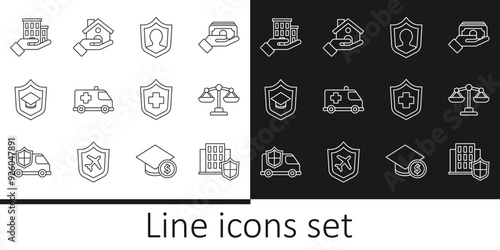 Set line House with shield, Scales of justice, Life insurance, Emergency car, Graduation cap, Health and icon. Vector