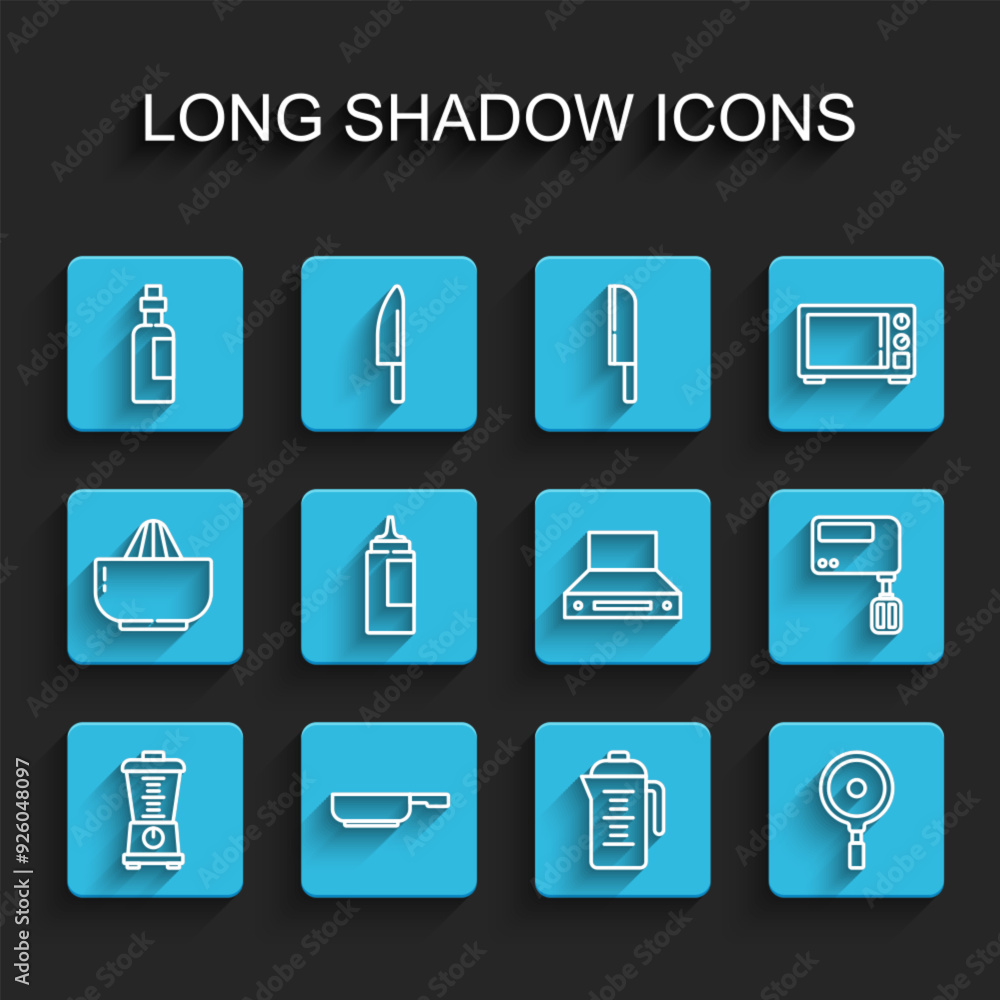 Set line Blender, Frying pan, Bottle of olive oil, Teapot, Sauce bottle, Electric mixer and Kitchen extractor fan icon. Vector Set line Blender, Frying pan, Bottle of olive oil, Teapot, Sauce bottle, Electric mixer and Kitchen extractor fan icon. Vector