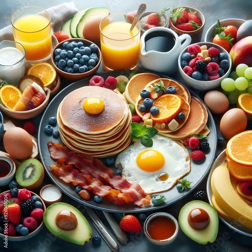 Delicious and Healthy Breakfast with Pancakes, Bacon, Eggs, Fruit, and Juice