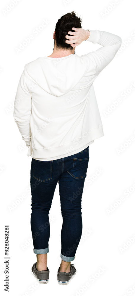 Young hipster man with long hair and beard wearing sporty sweatshirt Backwards thinking about doubt with hand on head Young hipster man with long hair and beard wearing sporty sweatshirt Backwards thinking about doubt with hand on head