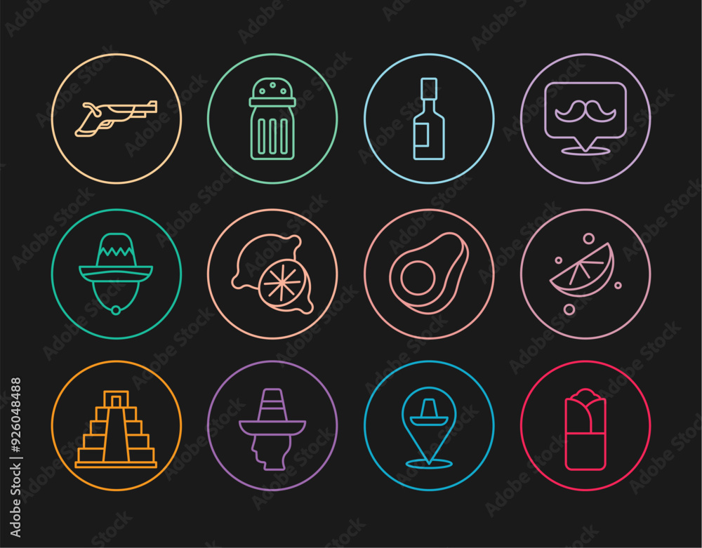 Set line Burrito, Sliced lime, Tabasco sauce, Lime, Mexican sombrero, Vintage pistols, Avocado fruit and Salt icon. Vector Set line Burrito, Sliced lime, Tabasco sauce, Lime, Mexican sombrero, Vintage pistols, Avocado fruit and Salt icon. Vector