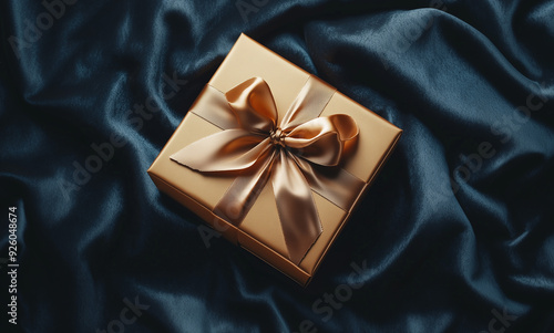 Photograph of a metallic gold gift box mockup, tied with a satin ribbon, on a soft velvet surface