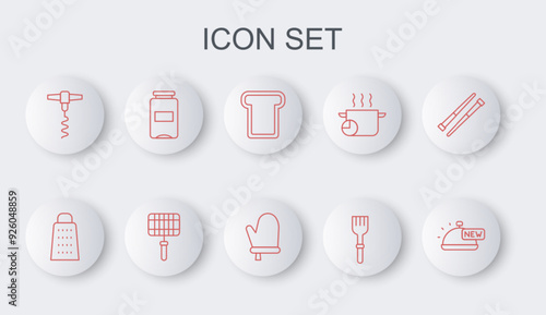 Set line Covered with tray of food, Grater, Bread toast, Fork, Wine corkscrew, Jam jar, Barbecue steel grid and Oven glove icon. Vector