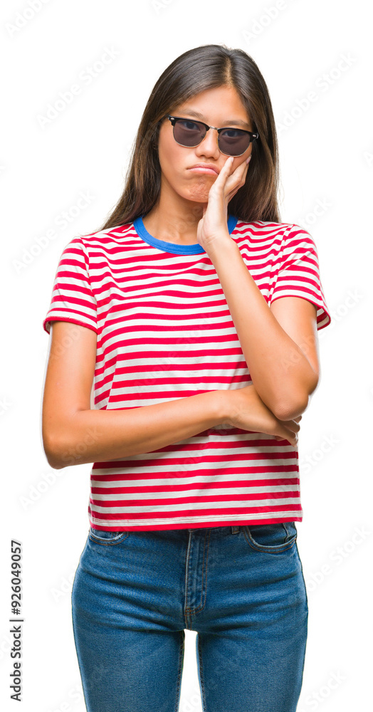 Young asian woman wearing sunglasses over isolated background thinking looking tired and bored with depression problems with crossed arms. Young asian woman wearing sunglasses over isolated background thinking looking tired and bored with depression problems with crossed arms.