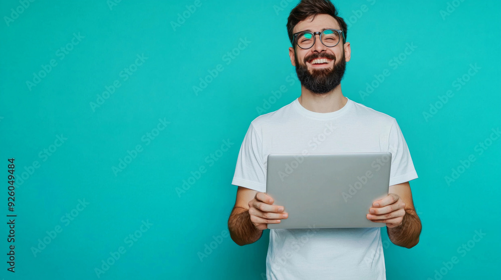A man with glasses is smiling and holding a laptop Copy space A man with glasses is smiling and holding a laptop Copy space