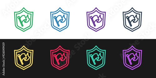 Set line Shield with flag icon isolated on black and white background. Victory, winning and conquer adversity concept. Vector