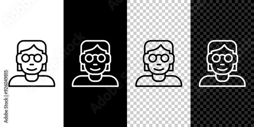 Set line Hacker or coder icon isolated on black and white, transparent background. Programmer developer working on code, coding, testing, debugging, analysing. Vector