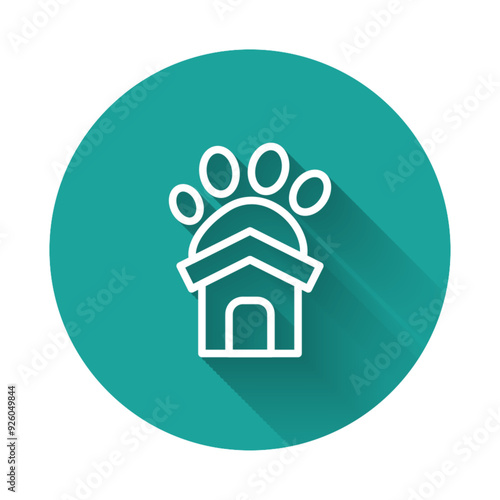 White line Animal shelter house icon isolated with long shadow background. Green circle button. Vector