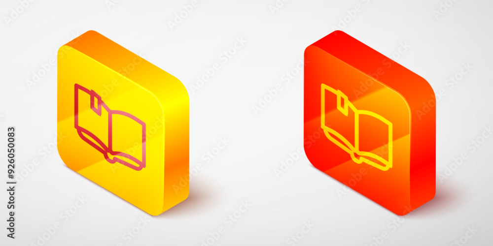 Isometric line Open book icon isolated on grey background. Yellow and orange square button. Vector Isometric line Open book icon isolated on grey background. Yellow and orange square button. Vector