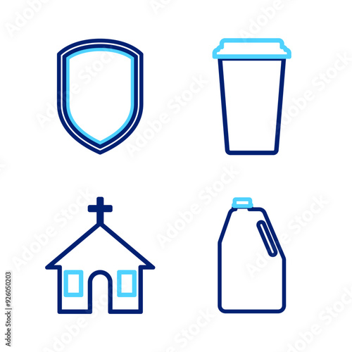 Set line Household chemicals bottle, Church building, Coffee cup and Shield icon. Vector