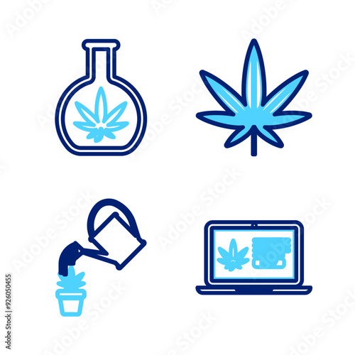 Set line Online buying marijuana, Watering can, Marijuana or cannabis leaf and Test tube with icon. Vector