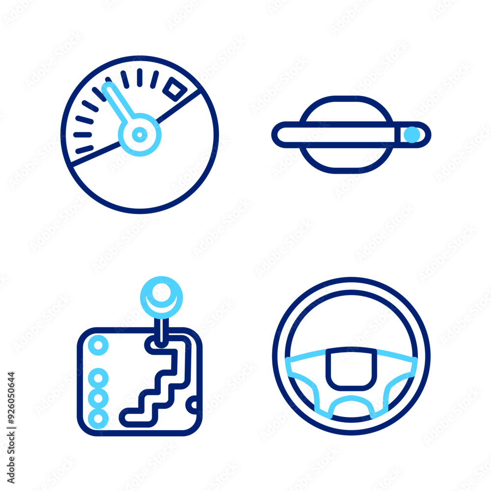 Set line Steering wheel, Gear shifter, Car door handle and Speedometer icon. Vector Set line Steering wheel, Gear shifter, Car door handle and Speedometer icon. Vector