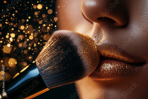 Close-Up of Woman’s Lips with Gold Glitter Makeup and Brush, Glamorous Beauty Concept photo